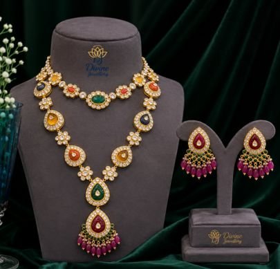 Divine Multicolor Kundan Long Necklace Set with Matching Earrings – Gold Plated Silver Jewellery
