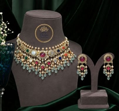 Divine Multicolor Kundan Pearl Drop Necklace Set with Earrings | Gold Plated Silver Jewellery