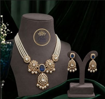 Divine Pearl Blue Stone Necklace Set for Women | 92.5 Silver Gold Plated Bridal Jewellery with Earrings