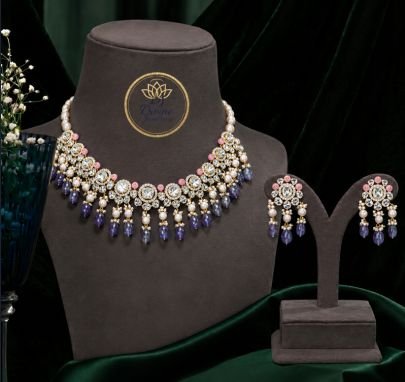 Divine Polki Pearl & Purple Beads Necklace Set with Earrings | Gold Plated Silver Jewellery