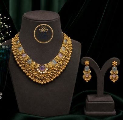 Divine Premium Antique Gold Statement Necklace Set for Women with Pastel Gemstones | Traditional Bridal, Wedding, Party & Festive Jewelry with Matchin