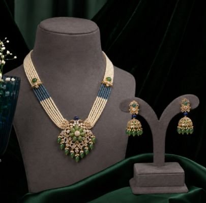 Divine Premium Pearl & Blue Beaded Necklace Set for Women with Green Floral Pendant | Traditional Bridal, Wedding, Party & Festive Jewelry with Matchi
