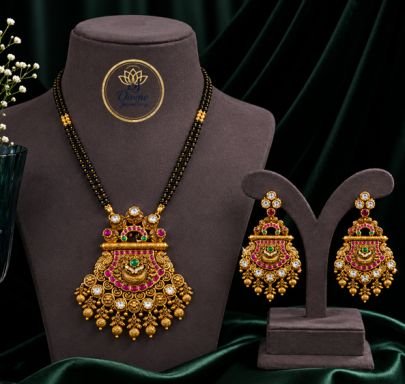 Divine Rajwadi Black Beads Mangalsutra with Temple Pendant & Earrings | 92.5 Silver Gold Plated Bridal Jewelry Set