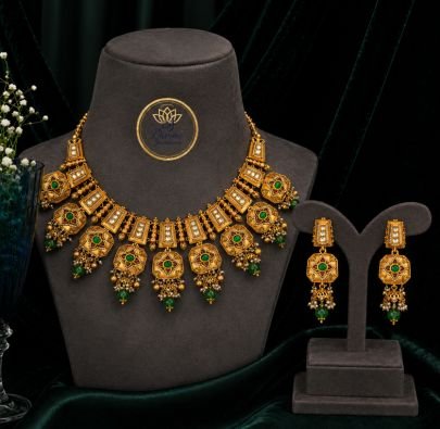 Divine Royal Antique Gold-Plated 92.5 Silver Green Stone Statement Necklace Set with Earrings | Traditional Designer Bridal Jewellery