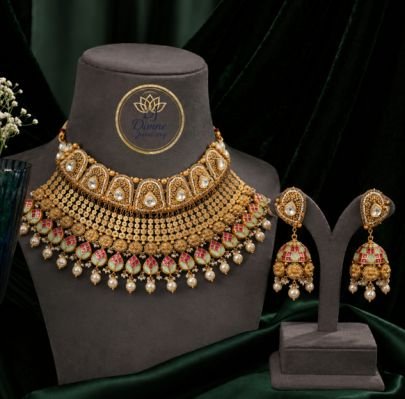 Divine Royal Gold-Plated Silver Bridal Choker Necklace Set with Pearl Drops & Designer Jhumka Earrings