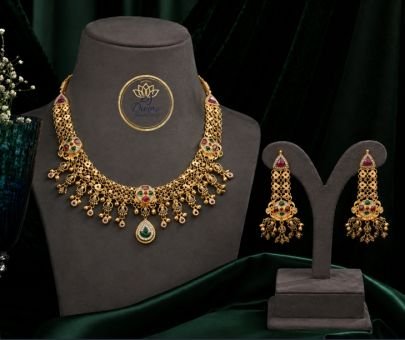Divine Traditional Antique Gold-Plated Silver Multicolor Kundan Necklace Set with Emerald Pendant & Matching Long Earrings