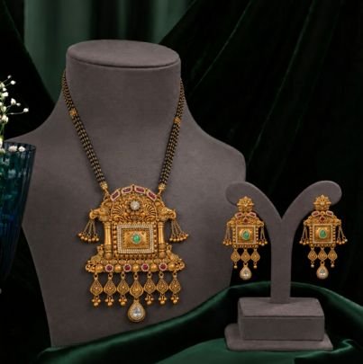 Divine Traditional Antique Gold Plated 92.5 Silver Mangalsutra Pendant Set with Matching Earrings