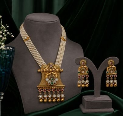 Divine Traditional Gold Plated 92.5 Silver Pearl Long Necklace Set with Designer Earrings