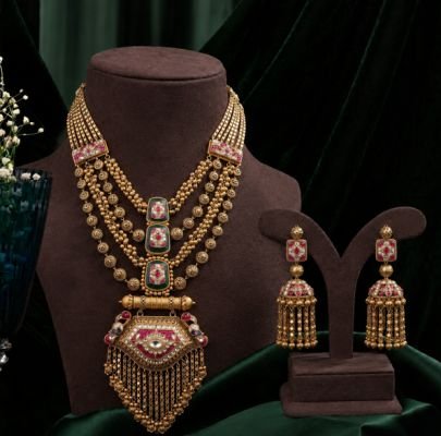 Divine Traditional Kundan Bridal Necklace Set with Jhumka Earrings for Women | Gold Plated Silver Jewellery Set