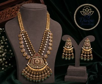 Divine Traditional Long Haram Necklace Set in 92.5 Silver Gold Plated with Green Beads