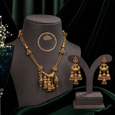 Dual Chain Temple Pendant Necklace Set with Bird Motif & Jhumka Drops – 92.5 Silver Gold Plated Jewellery