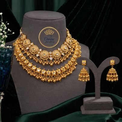 Dual Layer Antique Choker Necklace Set with Jhumka Earrings – 92.5 Silver Gold Plated Bridal Jewellery