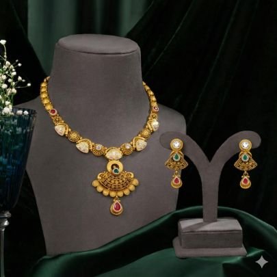 Elegant Antique Pendant Necklace Set with Meenakari Touch – 92.5 Silver Gold Plated Traditional Jewellery | Divine Jewellery