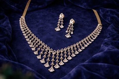 Elegant Cascading Fan Drop Necklace Set in 92.5 Silver with Rose Gold Plating