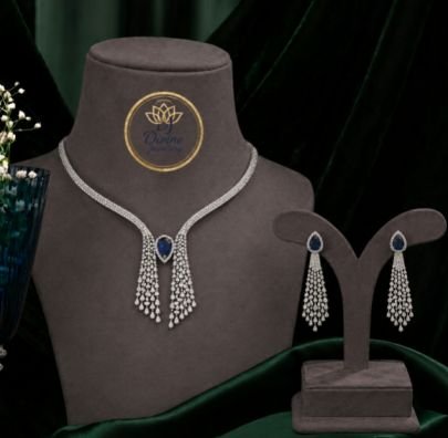 Elegant Cubic Zirconia Necklace Set for Women with Blue Teardrop Stone & Matching Tassel Earrings | Wedding Party Bridal Jewelry Set