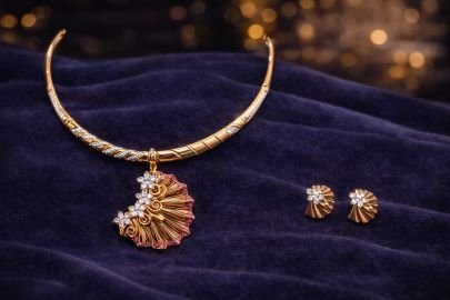 Elegant Designer Pendant Necklace Set with Crystal Floral Motif – 92.5 Silver Gold Plated Jewellery