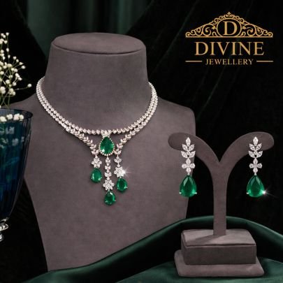 Elegant Emerald Drop Diamond Style Necklace Set in 92.5 Silver Gold Plated | Divine Jewellery