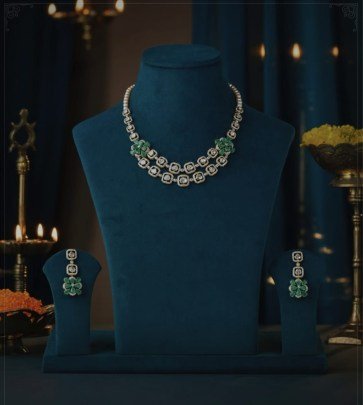 Elegant Emerald Floral Necklace Set with Earrings – 92.5 Silver White Gold Plated Minimal Jewellery | Divine Jewellery