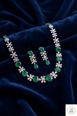 Elegant Emerald Floral Necklace Set with Earrings in 92.5 Silver Gold Plated | Divine Jewellery