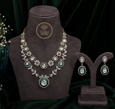 Elegant Emerald Green Double Layer Necklace Set with Matching Earrings | Gold Plated 92.5 Silver Jewellery