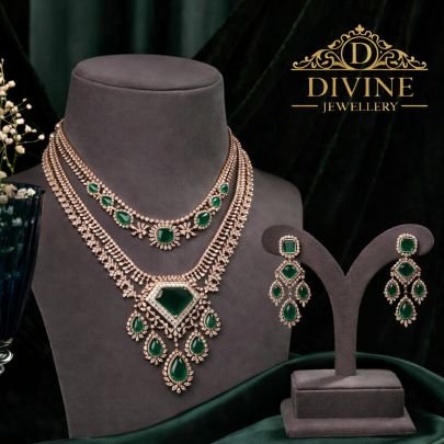 Elegant Emerald Multi-Layer Diamond Style Necklace Set in 92.5 Silver Rose Gold Plated | Divine Jewellery