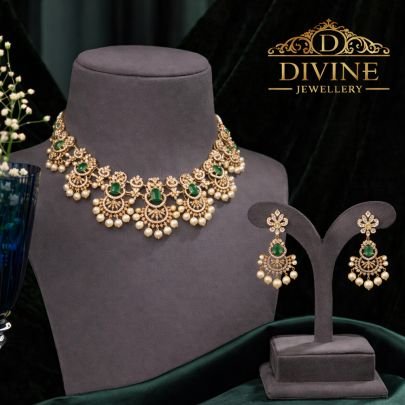 Elegant Emerald Pearl Chandbali Choker Necklace Set in 92.5 Silver Gold Plated | Divine Jewellery
