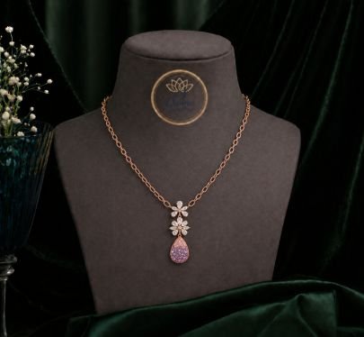 Elegant Floral Drop Necklace for Women – 92.5 Silver Base Rose Gold Plated Crystal Pendant Necklace