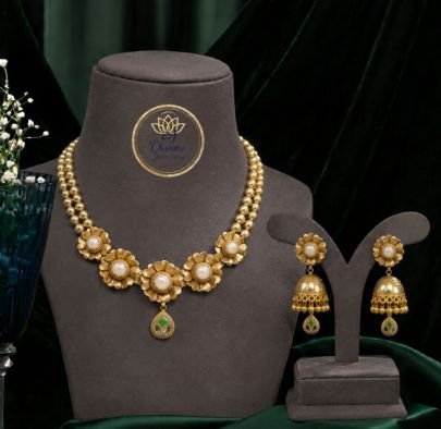 Elegant Floral Pearl Necklace Set with Jhumka Earrings for Women | Gold Plated 92.5 Silver Jewellery Set