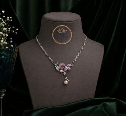 Elegant Floral Pendant Necklace for Women – 92.5 Silver Base Pearl Drop Butterfly Design Necklace