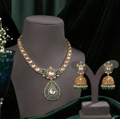 Elegant Green Polki Style Pendant Necklace Set with Kundan & Jhumka Earrings – 92.5 Silver Gold Plated Bridal Jewellery | Divine Jewellery