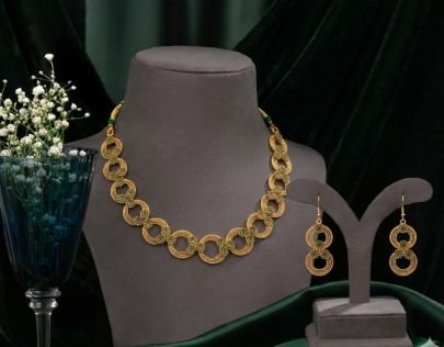 Elegant Green Stone Designer Necklace Set with Circular Pattern – 92.5 Silver Gold Plated Lightweight Jewellery | Divine Jewellery