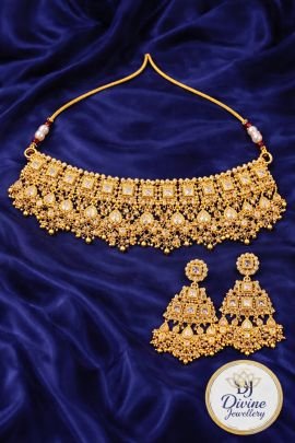 Elegant Kundan Pearl Choker Necklace Set with Jhumka Earrings – 92.5 Silver Gold Plated Bridal Jewellery