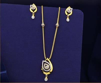 Elegant Layered Teardrop CZ Pendant Necklace Set 92.5 Silver Gold-Plated with Earrings