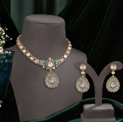 Elegant Mint Green Polki Style Pendant Necklace Set with Kundan Detailing – 92.5 Silver Gold Plated Jewellery | Divine Jewellery