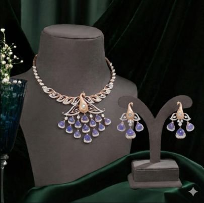 Elegant Peacock Necklace Set with Purple Stone Drops – 92.5 Silver Gold Plated Jewellery | Divine Jewellery