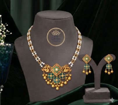 Elegant Pearl Beaded Kundan Meenakari Necklace Set with Pendant – 92.5 Silver Gold Plated Jewellery