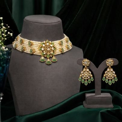 Elegant Pearl Choker Necklace Set with Green Stone & Kundan Floral Pendant – 92.5 Silver Gold Plated Jewellery | Divine Jewellery