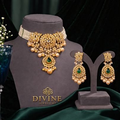 Elegant Pearl Choker Polki Necklace Set with Green Stone Pendant & Statement Earrings – 92.5 Silver Gold Plated Bridal Jewellery | Divine Jewellery