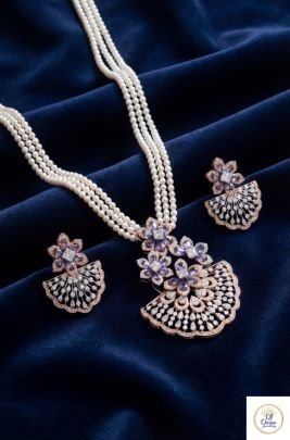 Elegant Pearl Floral Pendant Necklace Set with Earrings in 92.5 Silver Rose Gold Plated | Divine Jewellery