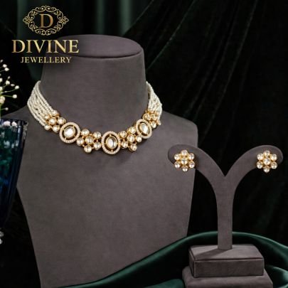 Elegant Pearl Kundan Choker Necklace Set with Oval Stones | 92.5 Silver Gold Plated Jewellery by Divine Jewellery