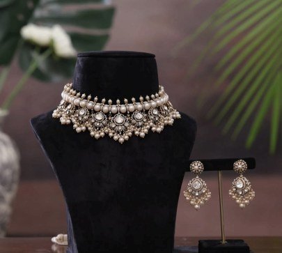 Elegant Pearl Polki Style Choker Necklace Set with Earrings – 92.5 Silver White Gold Plated Bridal Jewellery | Divine Jewellery