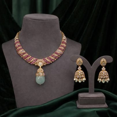 Elegant Pink Stone Choker Necklace Set with Kundan & Drop Pendant – 92.5 Silver Gold Plated Jewellery | Divine Jewellery