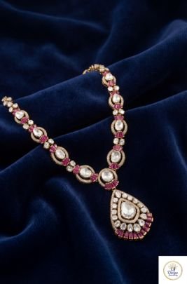 Elegant Polki Pendant Necklace with Ruby Accents | 92.5 Silver Gold Plated Statement Jewellery | Divine Jewellery