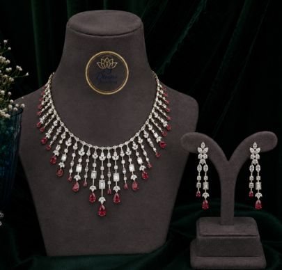Elegant Ruby Red Drop Necklace Set with Long Earrings | Gold Plated 92.5 Silver Jewellery