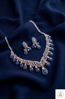 Elegant Sapphire Leaf Necklace Set with Earrings in 92.5 Silver Gold Plated | Divine Jewellery