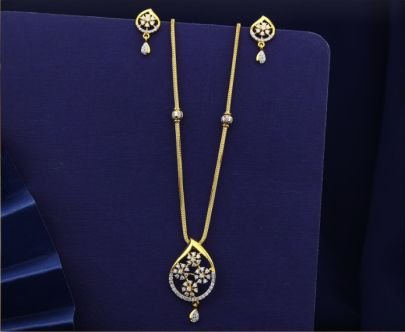 Elegant Teardrop Floral CZ Pendant Necklace Set 92.5 Silver Gold-Plated with Earrings