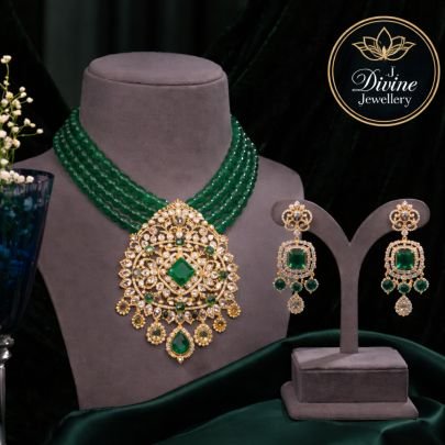 Emerald Beaded Kundan Necklace Set with Grand Statement Pendant & Designer Earrings – 92.5 Silver Gold Plated