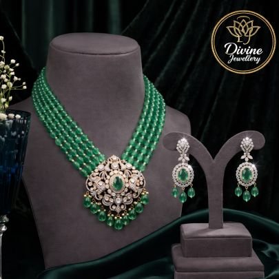 Emerald Beaded Statement Necklace Set with Diamond-Finish Pendant & Drop Earrings – 92.5 Silver Gold Plated