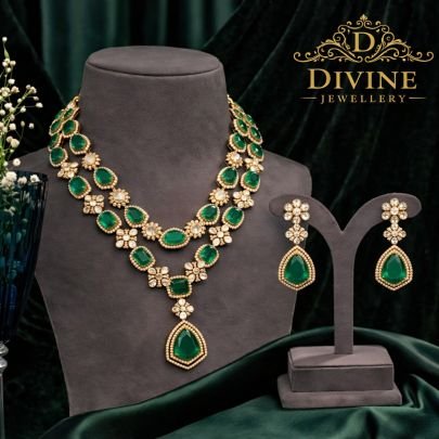 Emerald Double Layer Floral Necklace Set with Drop Pendant | 92.5 Silver Gold Plated Jewellery by Divine Jewellery