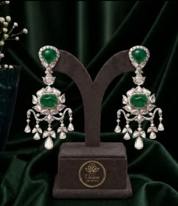 Emerald Green Stone Chandbali Earrings with Diamond Finish – 92.5 Silver Gold Plated Designer Earrings for Women